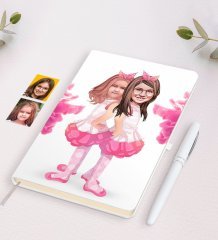 Kişiye Özel Kız Kardeşler Karikatürlü Beyaz Defter ve Kalem Hediye Seti-3