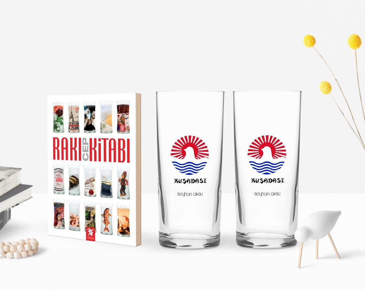 Kişiye Özel Renkli Baskılı Kuşadası Tasarımlı Turistik İkili Rakı Bardağı ve Rakı Cep Kitabı Hediye Seti-1