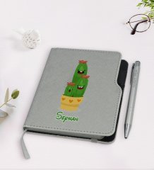 Kişiye Özel Kaktüs Tasarımlı Gri Termo Deri Defter Kalem Seti-9