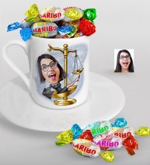 Kişiye Özel Bayan Avukat Karikatürlü Türk Kahvesi Fincanı ve Haribo Şeker Hediye Seti-4