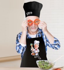 Kişiye Özel Bay Chef Karikatürlü Siyah Mutfak Önlüğü Aşçı Şapkası Seti-5