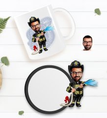Kişiye Özel İtfaiyeci Karikatürlü Beyaz Kupa ve Ahşap Bardak Altlığı Hediye Seti-1