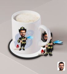 Kişiye Özel İtfaiyeci Karikatürlü Beyaz Kupa ve Ahşap Bardak Altlığı Hediye Seti-1