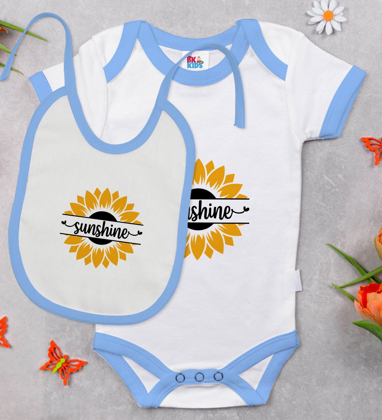 BK Kids Sunshine Tasarımlı Mavi Bebek Body Zıbın ve Mama Önlüğü Hediye Seti-1