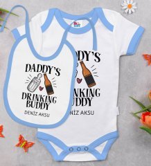 BK Kids Kişiye Özel Daddy's Drinking Buddy Tasarımlı Mavi Bebek Body Zıbın ve Mama Önlüğü Hediye Seti-1