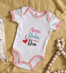 BK Kids Anne Baba Tasarımlı Pembe Bebek Body Zıbın-1