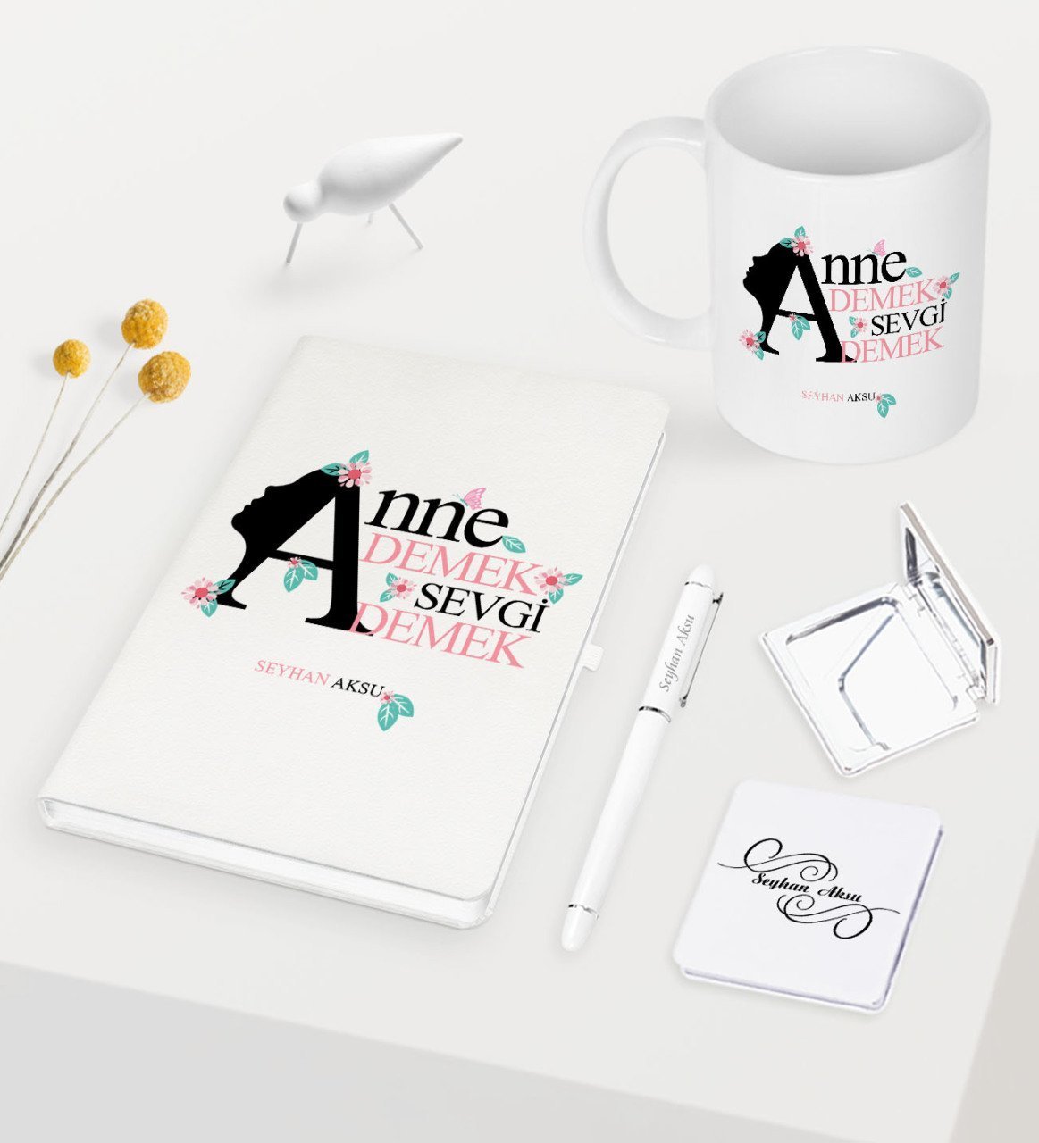 Kişiye Özel Anne Demek Sevgi Demek Beyaz Defter Kalem Kupa Ayna Seti