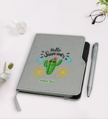Kişiye Özel Kaktüs Tasarımlı Gri Termo Deri Defter Kalem Seti-8