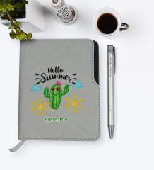 Kişiye Özel Kaktüs Tasarımlı Gri Termo Deri Defter Kalem Seti-8