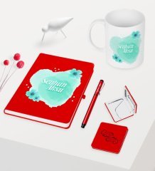 Kadınlar Gününe Özel Kırmızı Defter Kalem Kupa Ayna Seti - 10