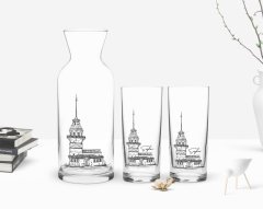 Kişiye Özel Renkli Baskılı Kız Kulesi Tasarımlı İkili Rakı Bardağı ve Karaf Hediye Seti-1