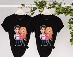 BK Gift Kişiye Özel Sevgililer Karikatürlü İkili Siyah T-shirt Seti, Sevgililer Hediye, Çift Hediyesi, Yıl Dönümü Hediyesi, Kişiye Özel Tişört-10