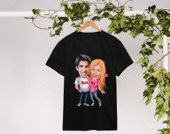 BK Gift Kişiye Özel Sevgililer Karikatürlü İkili Siyah T-shirt Seti, Sevgililer Hediye, Çift Hediyesi, Yıl Dönümü Hediyesi, Kişiye Özel Tişört-10
