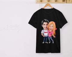 BK Gift Kişiye Özel Sevgililer Karikatürlü İkili Siyah T-shirt Seti, Sevgililer Hediye, Çift Hediyesi, Yıl Dönümü Hediyesi, Kişiye Özel Tişört-10