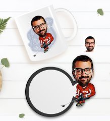 Kişiye Özel Hokeyci Karikatürlü Beyaz Kupa ve Ahşap Bardak Altlığı Hediye Seti-1