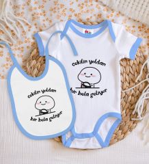 BK Kids Bir Bela Geliyor Tasarımlı Mavi Bebek Body Zıbın ve Mama Önlüğü Hediye Seti-1