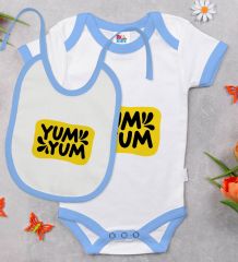 BK Kids Yum Yum Tasarımlı Mavi Bebek Body Zıbın ve Mama Önlüğü Hediye Seti-1