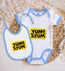 BK Kids Yum Yum Tasarımlı Mavi Bebek Body Zıbın ve Mama Önlüğü Hediye Seti-1