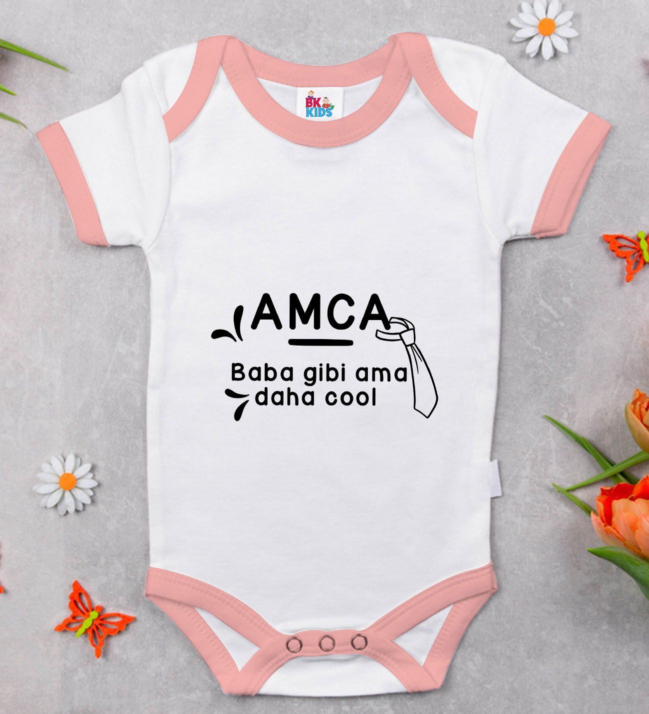 BK Kids Amca Baba Gibi Tasarımlı Pembe Bebek Body Zıbın-1