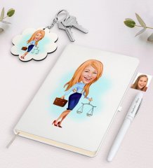 Kişiye Özel Kadın Avukat Karikatürlü Beyaz Defter Kalem ve Anahtarlık Hediye Seti-3
