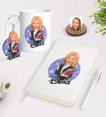 Kişiye Özel Kadın Yönetici Karikatürlü Beyaz Defter Kalem Kupa ve Anahtarlık Hediye Seti-1