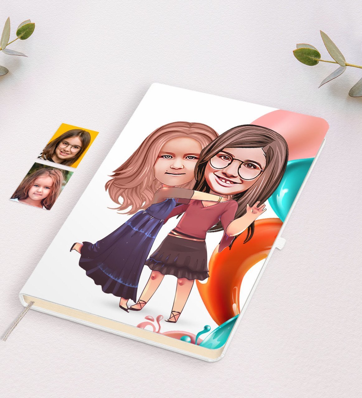 Kişiye Özel Kız Kardeşler Karikatürlü Beyaz Defter-6