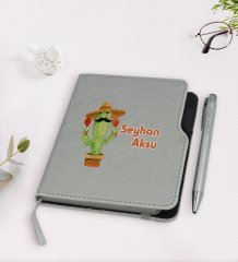 Kişiye Özel Kaktüs Tasarımlı Gri Termo Deri Defter Kalem Seti-7