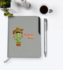 Kişiye Özel Kaktüs Tasarımlı Gri Termo Deri Defter Kalem Seti-7