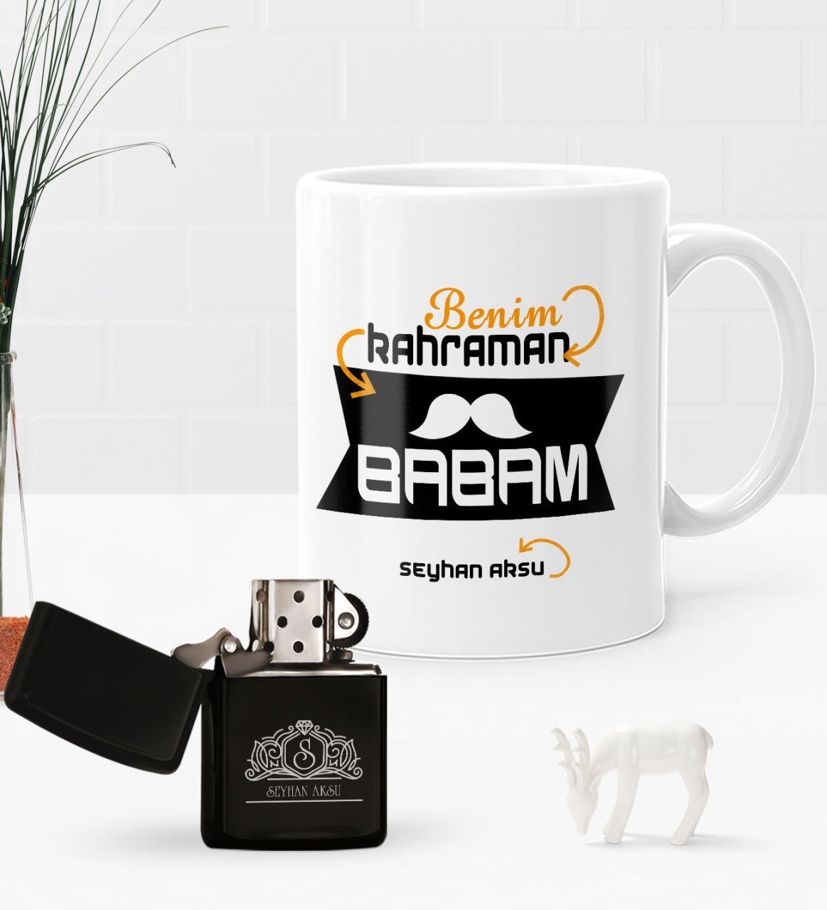 Kişiye Özel Benim Kahraman Babam Benzinli Çakmak ve Kupa Seti-1