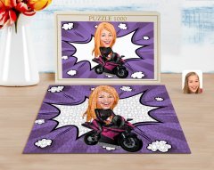 Kişiye Özel Kadın Motorcu Karikatürlü 1000 Parça Profesyonel Puzzle-1