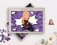 Kişiye Özel Kadın Motorcu Karikatürlü 1000 Parça Profesyonel Puzzle-1