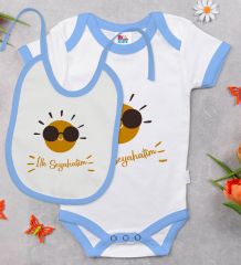 BK Kids İlk Seyahat Tasarımlı Mavi Bebek Body Zıbın ve Mama Önlüğü Hediye Seti-1