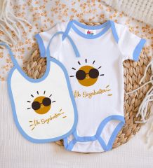 BK Kids İlk Seyahat Tasarımlı Mavi Bebek Body Zıbın ve Mama Önlüğü Hediye Seti-1