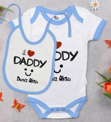 BK Kids Kişiye Özel I Love Daddy Tasarımlı Mavi Bebek Body Zıbın ve Mama Önlüğü Hediye Seti-1