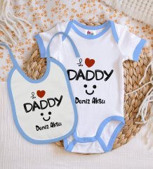 BK Kids Kişiye Özel I Love Daddy Tasarımlı Mavi Bebek Body Zıbın ve Mama Önlüğü Hediye Seti-1