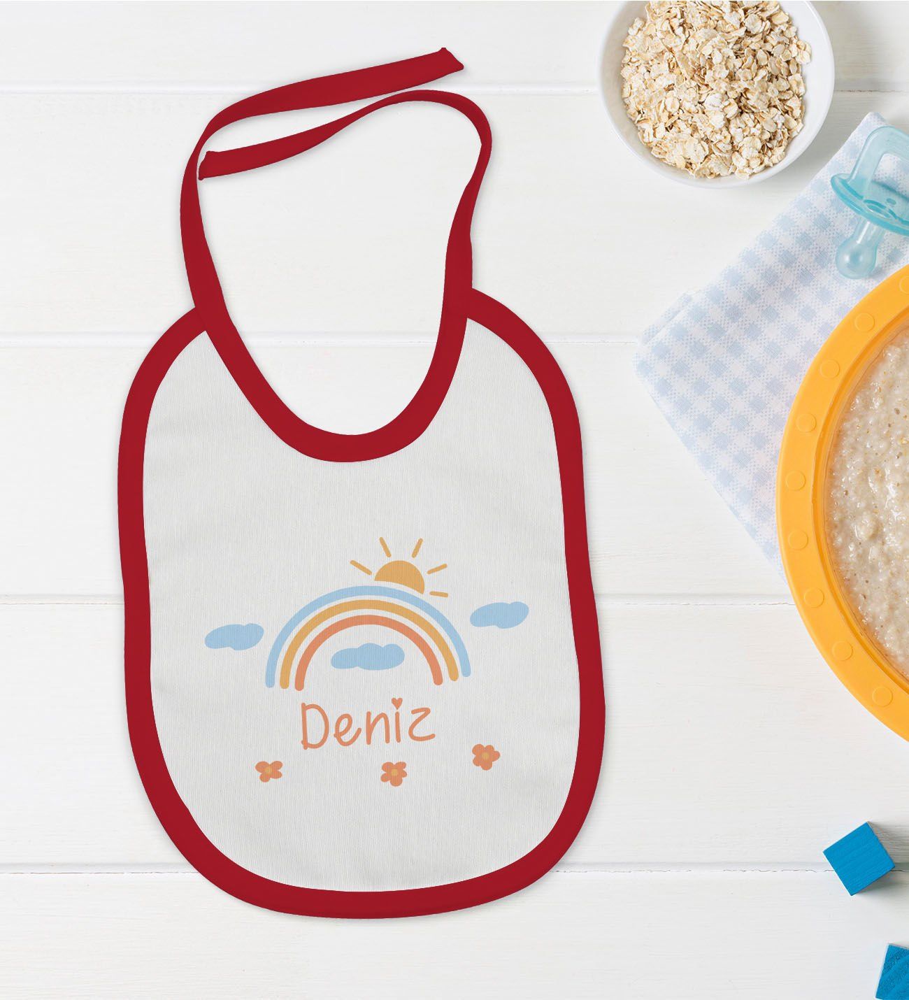 BK Kids Kişiye Özel İsimli Kırmızı Bebek Mama Önlüğü-36