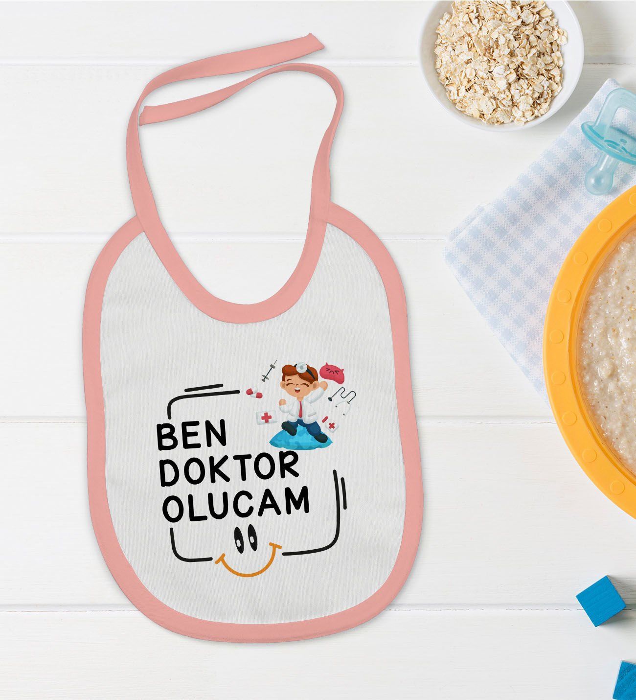 BK Kids Doktor Olucam Tasarımlı Pembe Bebek Mama Önlüğü-1