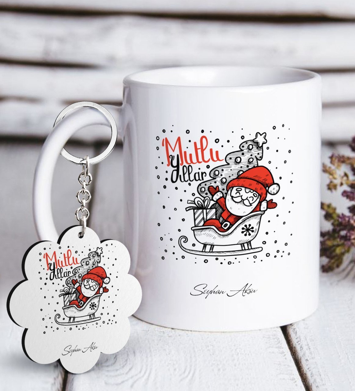 Kişiye Özel Noel Baba Beyaz Kupa ve Anahtarlık Hediye Seti-5
