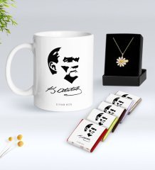 Kişiye Özel Atatürk Temalı Beyaz Kupa Çikolata ve İsimli Papatya Kolye Hediye Seti-24