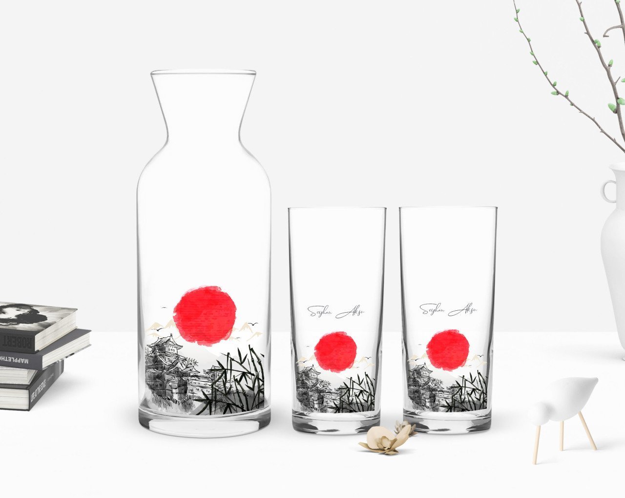 Kişiye Özel Renkli Baskılı Japan Tasarımlı İkili Rakı Bardağı ve Karaf Hediye Seti-1