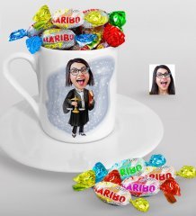 Kişiye Özel Bayan Avukat Karikatürlü Türk Kahvesi Fincanı ve Haribo Şeker Hediye Seti-1