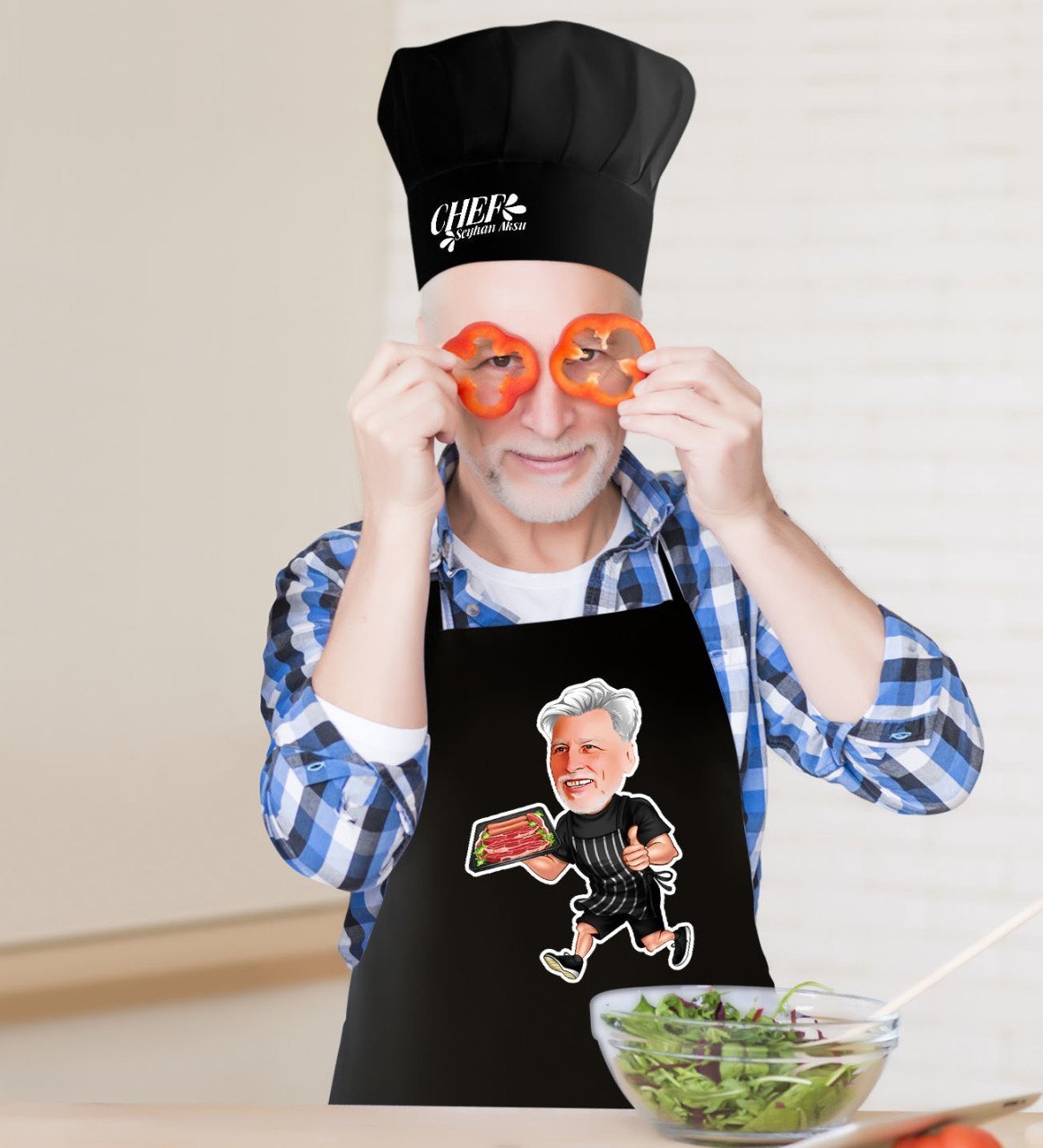 Kişiye Özel Bay Chef Karikatürlü Siyah Mutfak Önlüğü Aşçı Şapkası Seti-2