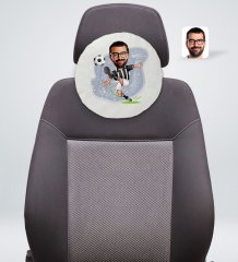 Kişiye Özel Erkek Siyah Beyaz Futbolcu Karikatürlü Yuvarlak Araç Koltuk Yastığı-1