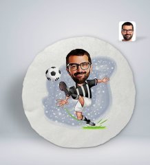 Kişiye Özel Erkek Siyah Beyaz Futbolcu Karikatürlü Yuvarlak Araç Koltuk Yastığı-1