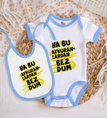 BK Kids Bezdum Tasarımlı Mavi Bebek Body Zıbın ve Mama Önlüğü Hediye Seti-4