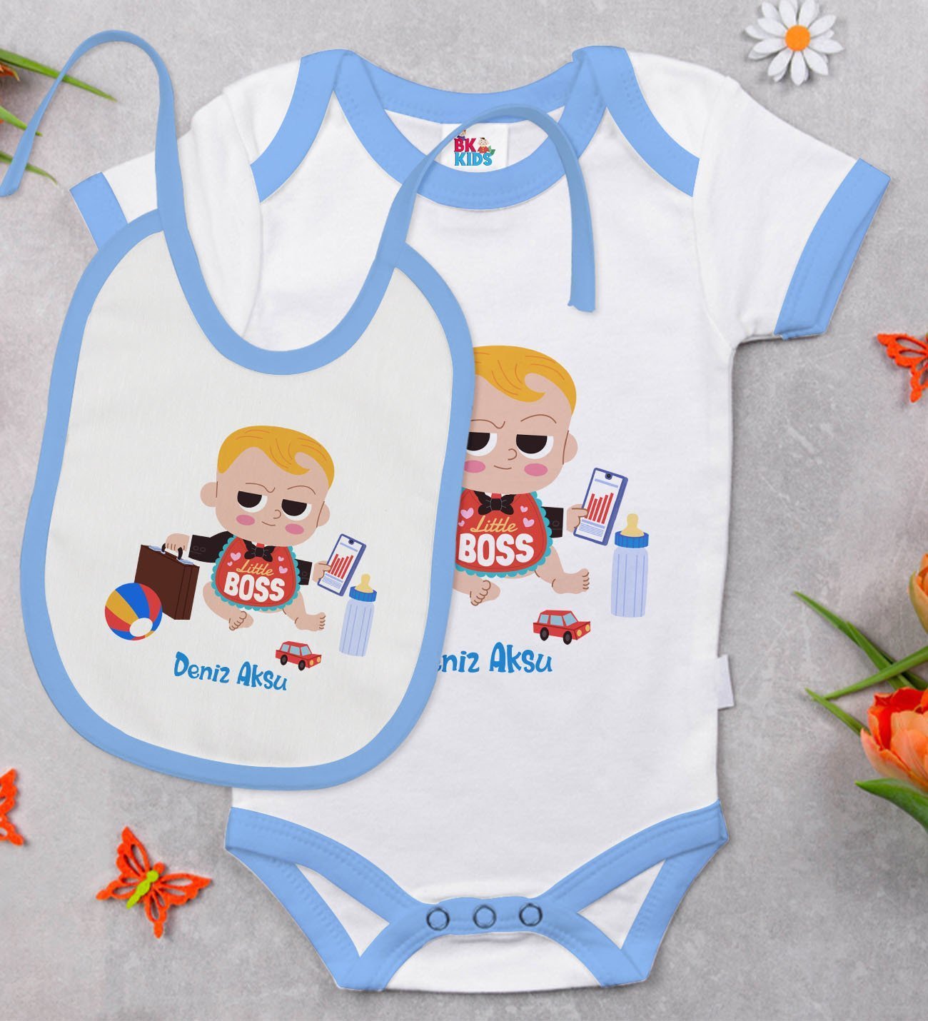 BK Kids Kişiye Özel Little Boss Tasarımlı Mavi Bebek Body Zıbın ve Mama Önlüğü Hediye Seti-1