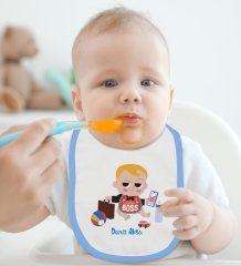BK Kids Kişiye Özel Little Boss Tasarımlı Mavi Bebek Body Zıbın ve Mama Önlüğü Hediye Seti-1