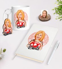 Kişiye Özel Kadın Youtuber Karikatürlü Beyaz Defter Kalem Kupa ve Anahtarlık Hediye Seti-1