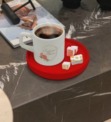 Kişiye Özel Kırmızı Sunum Tabaklı Çiçek Tasarımlı Türk Kahvesi Fincanı Model 21