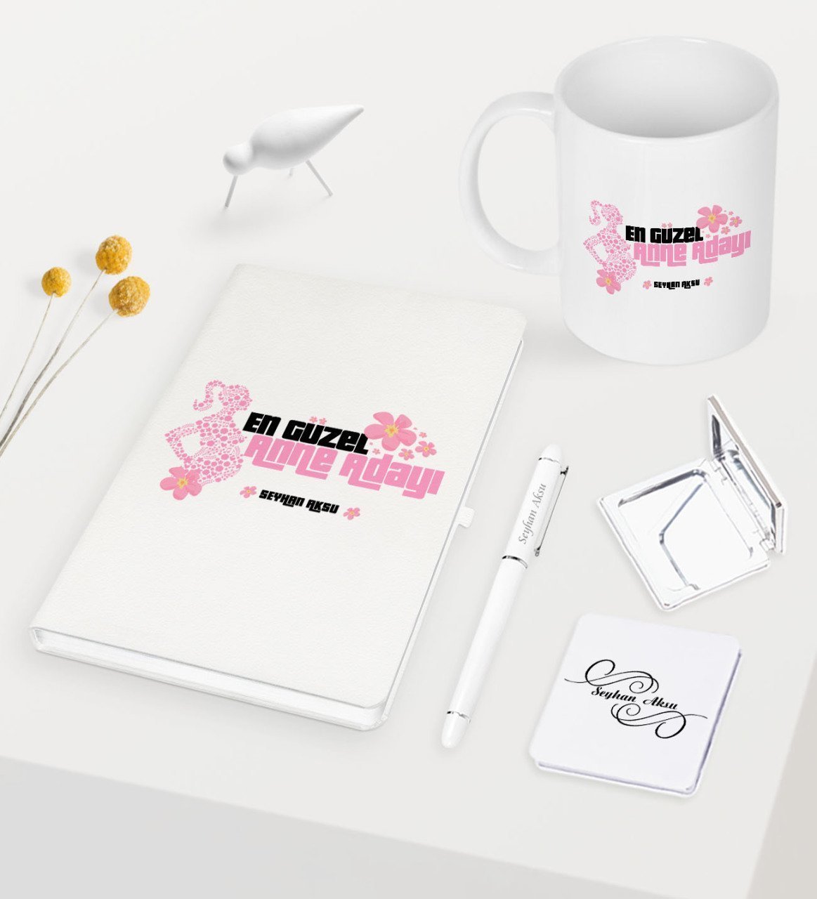 Kişiye Özel En Güzel Anne Adayı Beyaz Defter Kalem Kupa Ayna Seti - 3